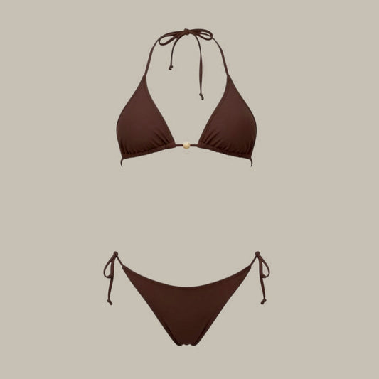 Bikini triángulo café + Calzón amarras